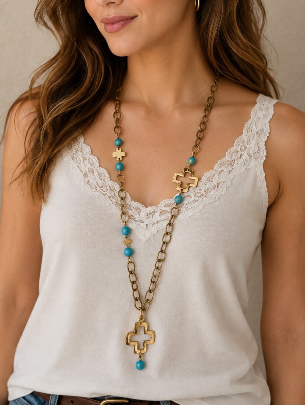 WEST & CO Rustic Gold Cross Pendant Long Necklace with Turquoise Beads